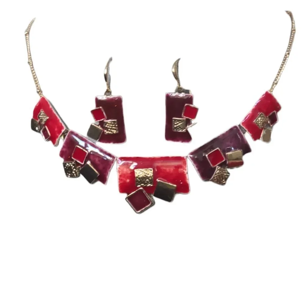 Statement Necklace And Pierced Earrings Paris! Ikita Red Enamel And Gold 16
